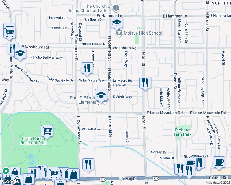 map of restaurants, bars, coffee shops, grocery stores, and more near 17 Deseo Court in North Las Vegas