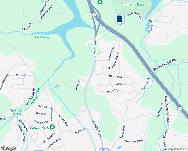 map of restaurants, bars, coffee shops, grocery stores, and more near 2596 Buffalo Trail in Morristown