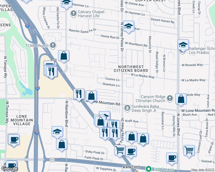 map of restaurants, bars, coffee shops, grocery stores, and more near 6505 Quantum Lane in Las Vegas