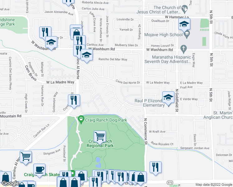 map of restaurants, bars, coffee shops, grocery stores, and more near 446 Rancho Del Norte Drive in North Las Vegas