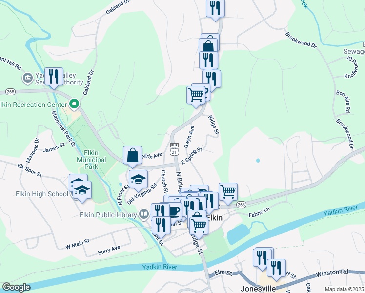 map of restaurants, bars, coffee shops, grocery stores, and more near 327 Gwyn Avenue in Elkin