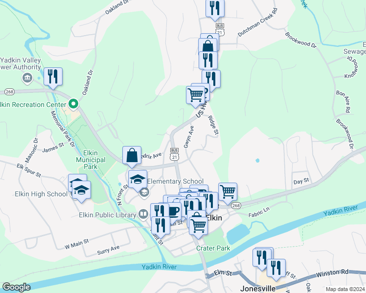 map of restaurants, bars, coffee shops, grocery stores, and more near 327 Gwyn Avenue in Elkin