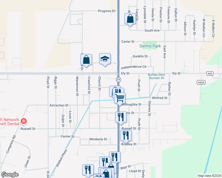 map of restaurants, bars, coffee shops, grocery stores, and more near 1715 Vinson Street in Kennett