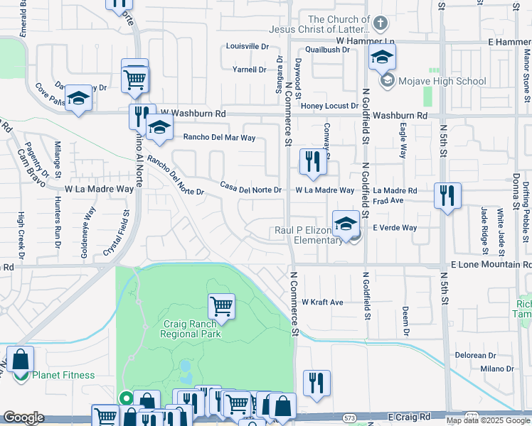 map of restaurants, bars, coffee shops, grocery stores, and more near 370 Casa Norte Drive in North Las Vegas