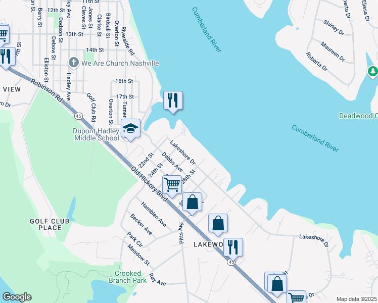 map of restaurants, bars, coffee shops, grocery stores, and more near 2601 Lakeshore Drive in Nashville