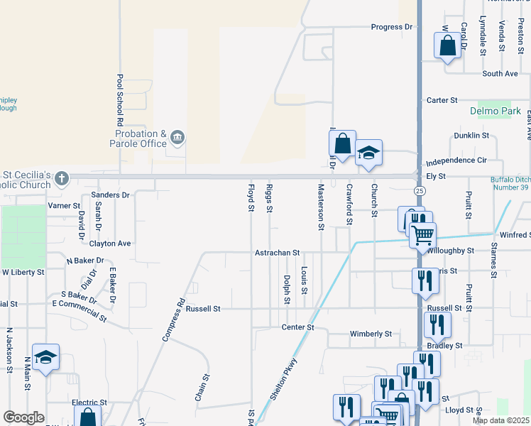 map of restaurants, bars, coffee shops, grocery stores, and more near 1201 Riggs Street in Kennett