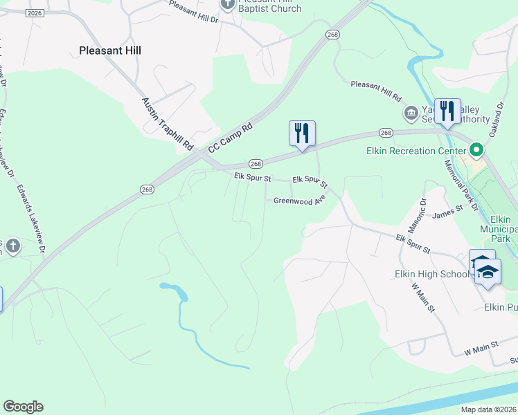 map of restaurants, bars, coffee shops, grocery stores, and more near 138 Wilkes Street in Elkin