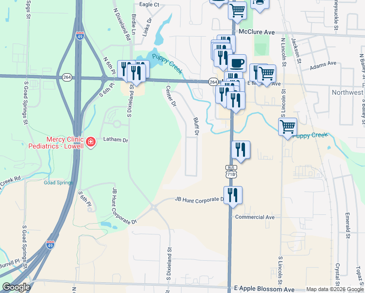 map of restaurants, bars, coffee shops, grocery stores, and more near 324 Center Drive in Lowell