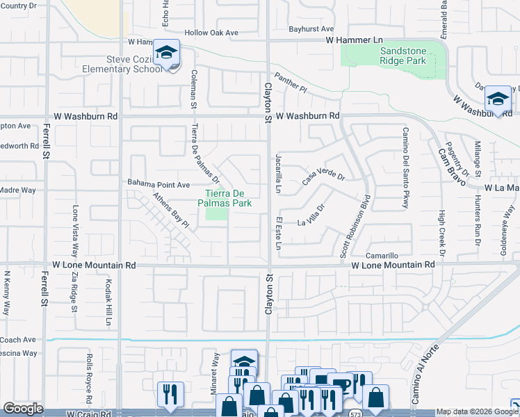 map of restaurants, bars, coffee shops, grocery stores, and more near 2018 Royal Caribbean Avenue in North Las Vegas