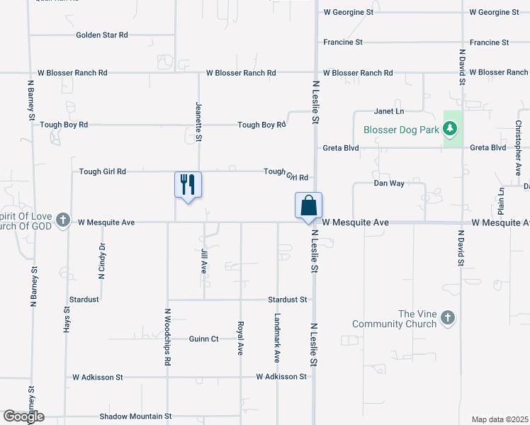map of restaurants, bars, coffee shops, grocery stores, and more near 2 West Mesquite Avenue in Pahrump
