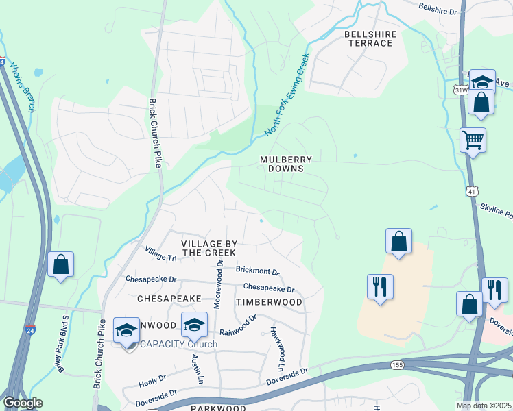 map of restaurants, bars, coffee shops, grocery stores, and more near 3820 Ridgeside Drive in Nashville