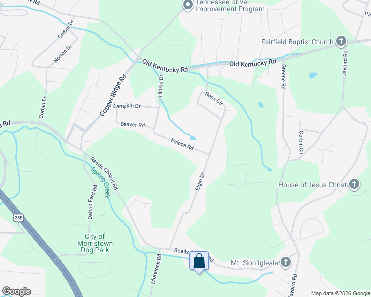map of restaurants, bars, coffee shops, grocery stores, and more near 3636 Falcon Road in Morristown