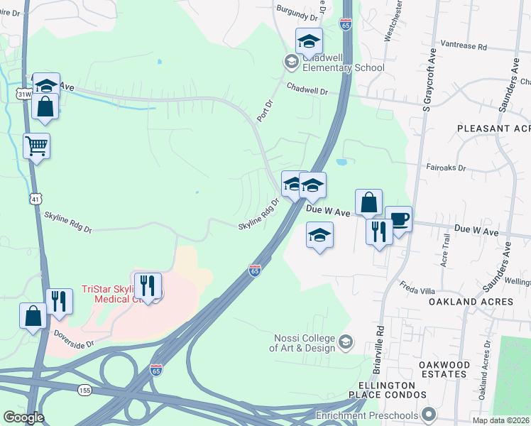map of restaurants, bars, coffee shops, grocery stores, and more near Old Due W Ave & Channing Dr in Nashville