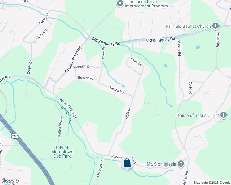 map of restaurants, bars, coffee shops, grocery stores, and more near 3636 Falcon Road in Morristown