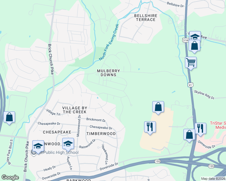 map of restaurants, bars, coffee shops, grocery stores, and more near 1121 Village Spring Drive in Nashville