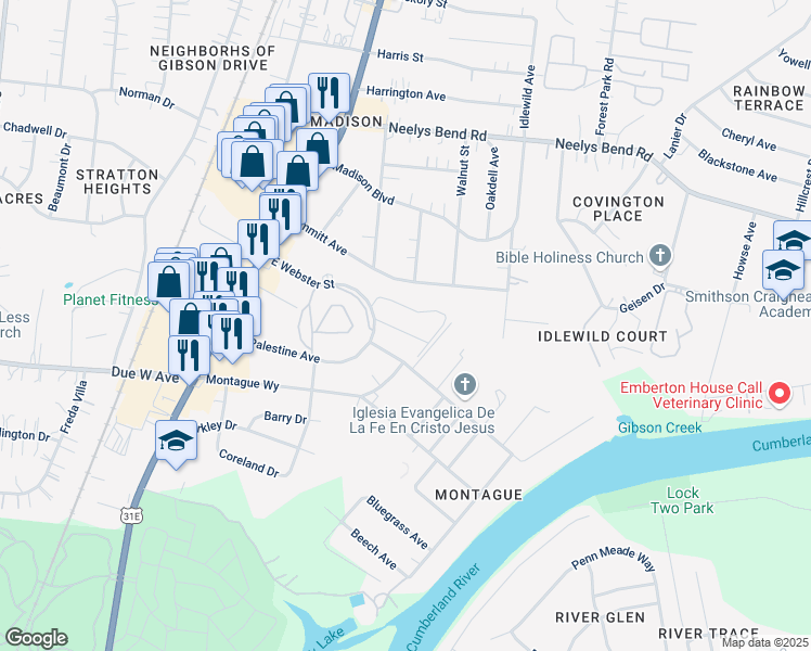 map of restaurants, bars, coffee shops, grocery stores, and more near 300 East Webster Street in Nashville