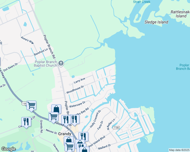 map of restaurants, bars, coffee shops, grocery stores, and more near 104 Goosewing Court in Grandy