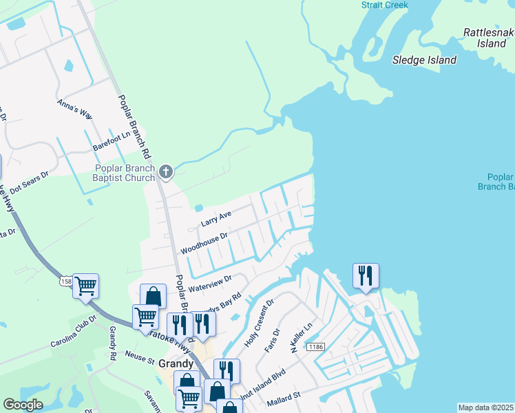 map of restaurants, bars, coffee shops, grocery stores, and more near 104 Goosewing Court in Grandy