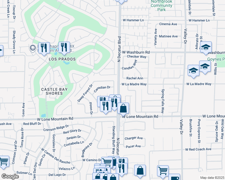 map of restaurants, bars, coffee shops, grocery stores, and more near 4817 Evergreen Glen Drive in Las Vegas
