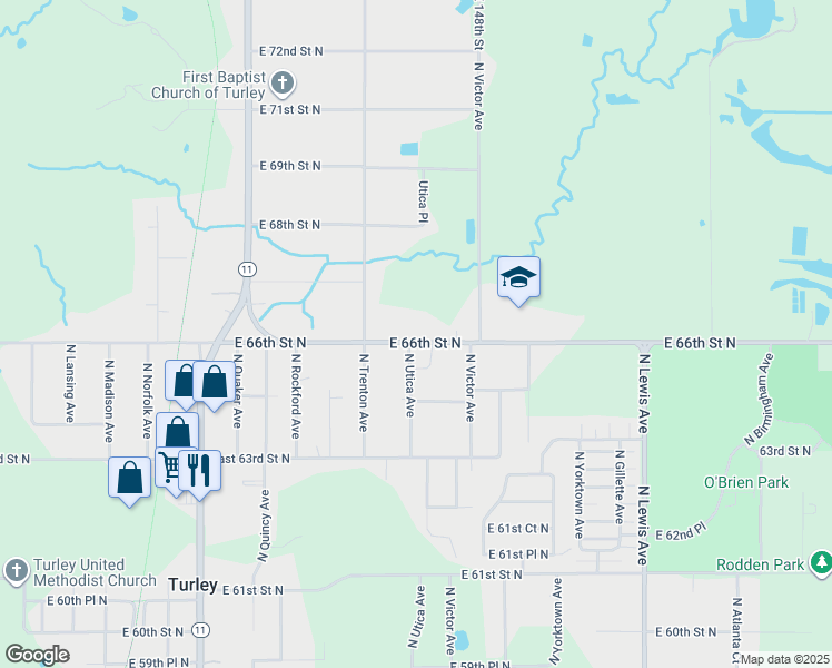 map of restaurants, bars, coffee shops, grocery stores, and more near 1619 East 66th Street North in Tulsa