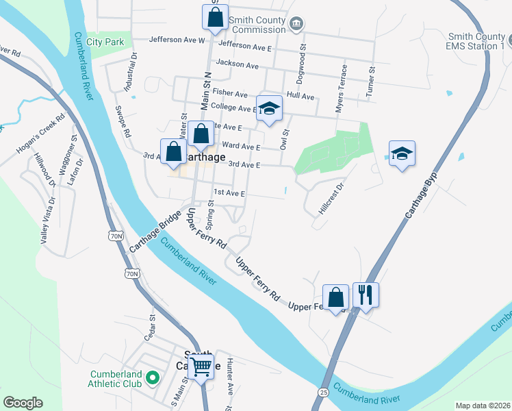 map of restaurants, bars, coffee shops, grocery stores, and more near 406 1st Avenue East in Carthage