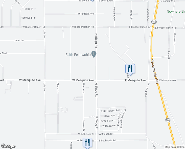 map of restaurants, bars, coffee shops, grocery stores, and more near 2060 North Blagg Road in Pahrump