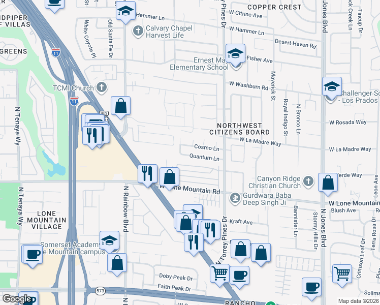 map of restaurants, bars, coffee shops, grocery stores, and more near 6516 Quantum Lane in Las Vegas
