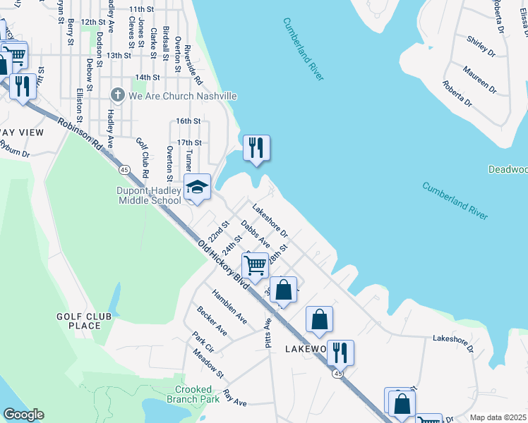 map of restaurants, bars, coffee shops, grocery stores, and more near 2109 Lakeshore Drive in Nashville