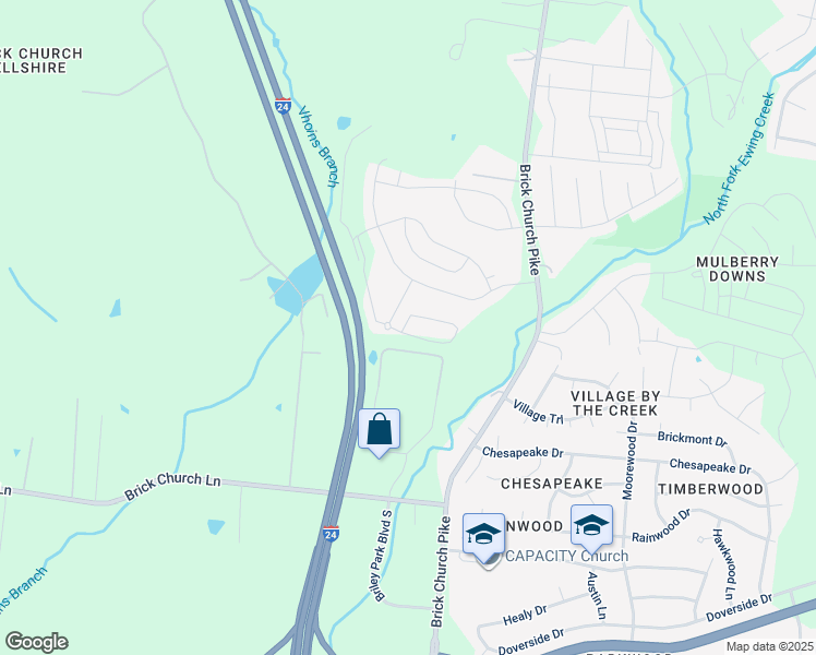 map of restaurants, bars, coffee shops, grocery stores, and more near Interstate 24 in Nashville