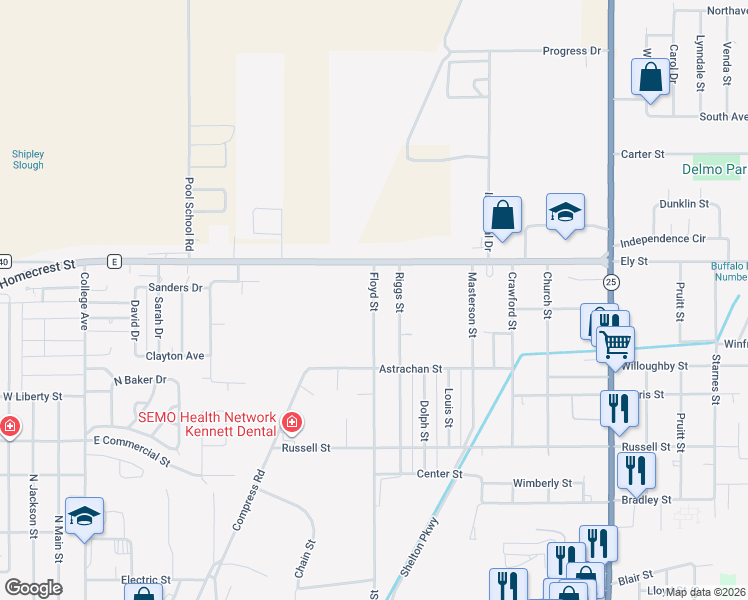 map of restaurants, bars, coffee shops, grocery stores, and more near 1219-1299 Floyd Street in Kennett
