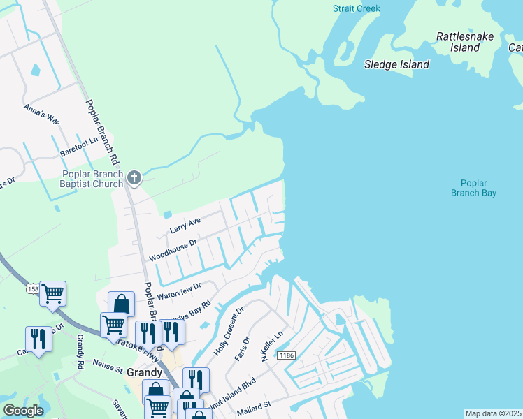 map of restaurants, bars, coffee shops, grocery stores, and more near 101 Mallard Court in Grandy