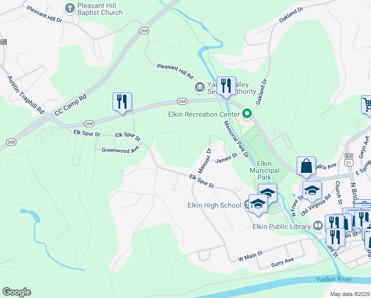 map of restaurants, bars, coffee shops, grocery stores, and more near 123 Dogwood Lane in Elkin