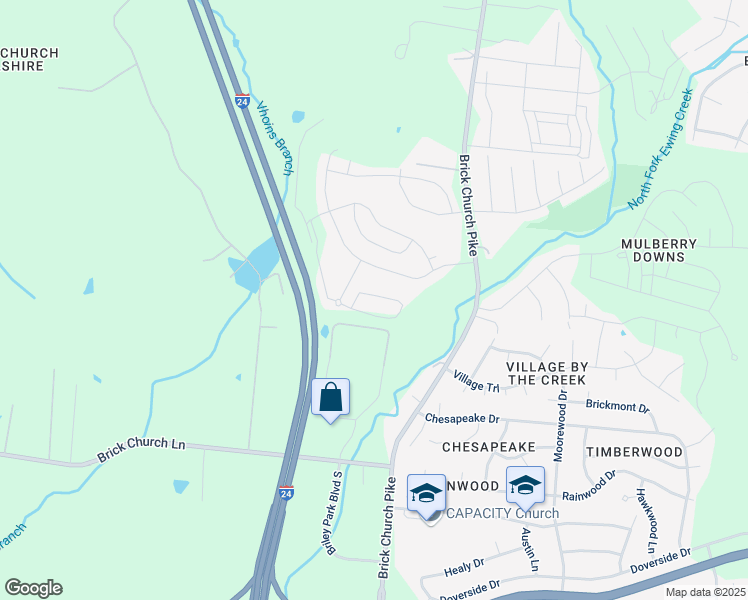 map of restaurants, bars, coffee shops, grocery stores, and more near Interstate 24 in Nashville