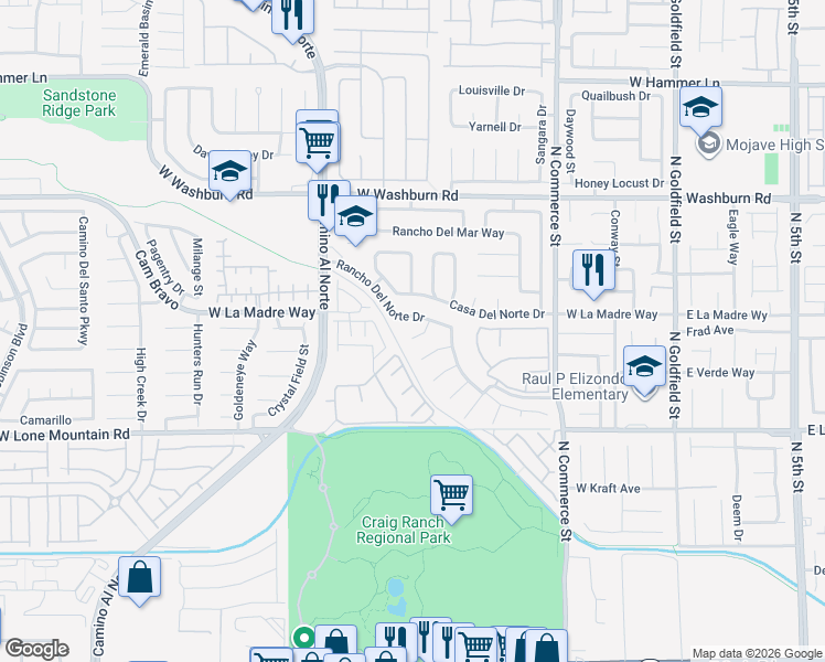 map of restaurants, bars, coffee shops, grocery stores, and more near 4915 Via Luis Court in North Las Vegas
