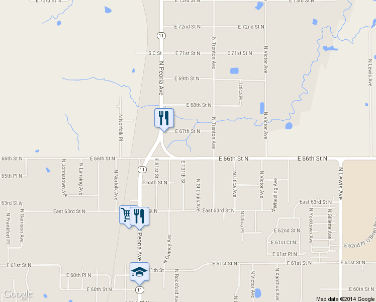 map of restaurants, bars, coffee shops, grocery stores, and more near 1507 East 66th Street North in Tulsa
