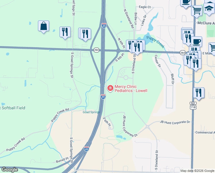 map of restaurants, bars, coffee shops, grocery stores, and more near 325 S 6th Pl in Lowell