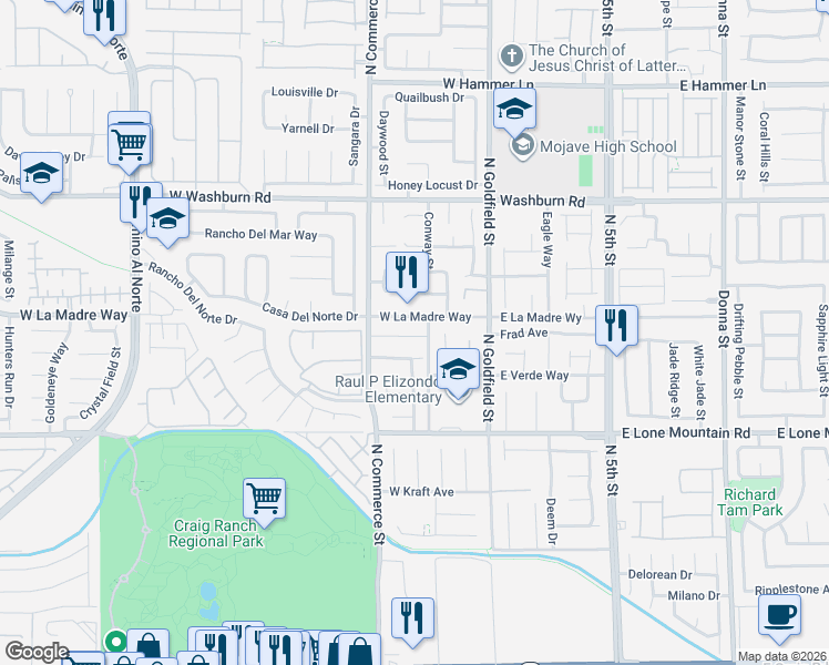 map of restaurants, bars, coffee shops, grocery stores, and more near 211 West La Madre Way in North Las Vegas