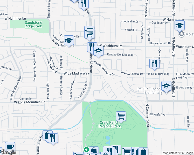map of restaurants, bars, coffee shops, grocery stores, and more near 716 Madre Hill Way in North Las Vegas