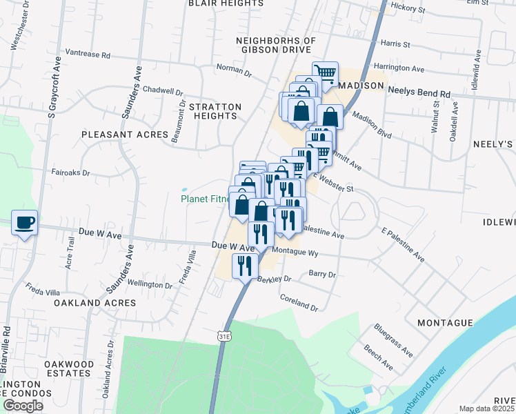 map of restaurants, bars, coffee shops, grocery stores, and more near 1130 Gallatin Pike South in Madison