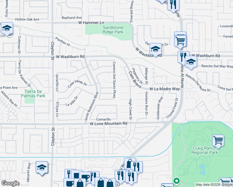 map of restaurants, bars, coffee shops, grocery stores, and more near 4944 Camino Del Santo Parkway in North Las Vegas