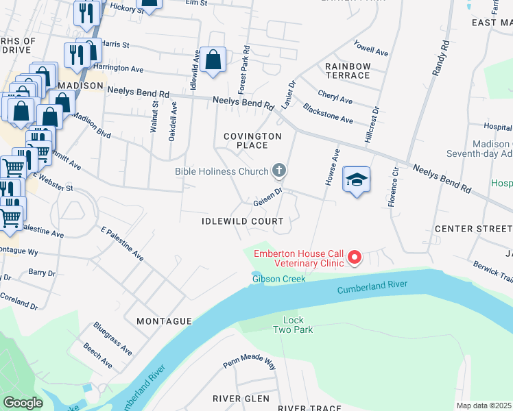 map of restaurants, bars, coffee shops, grocery stores, and more near 883 Geisen Drive in Nashville