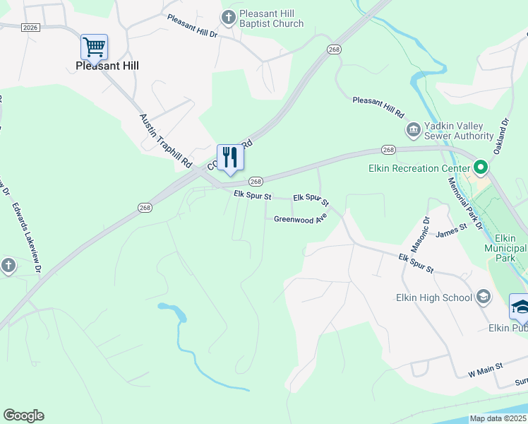 map of restaurants, bars, coffee shops, grocery stores, and more near 163 Wilkes Street in Elkin