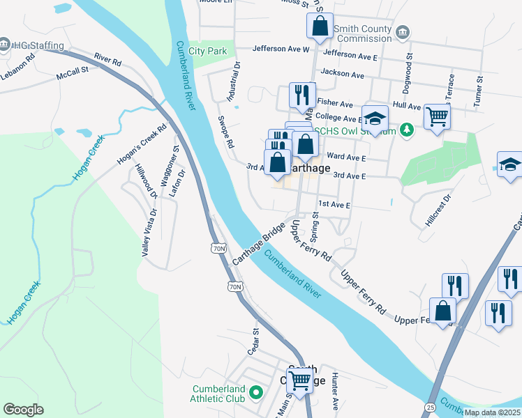 map of restaurants, bars, coffee shops, grocery stores, and more near 298 1st Ave W in Carthage