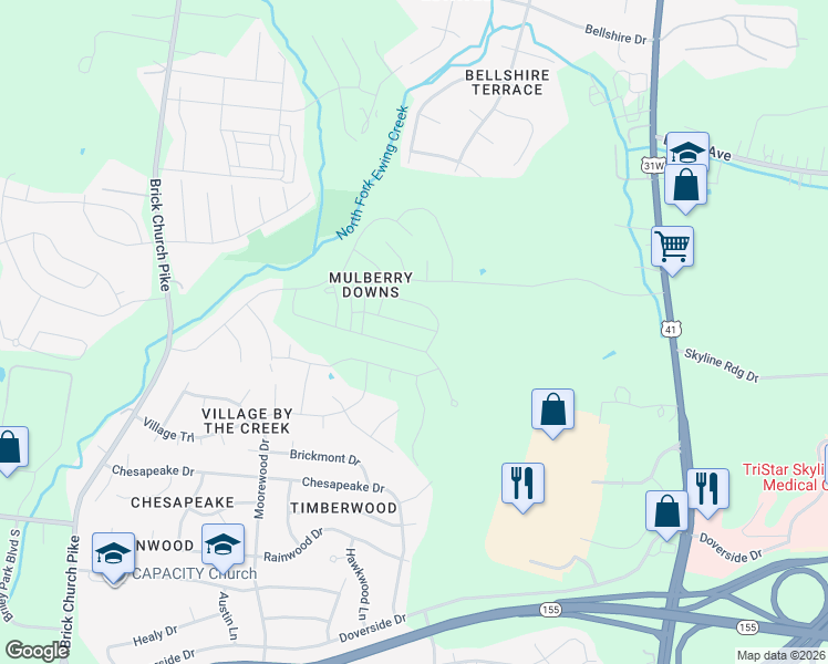 map of restaurants, bars, coffee shops, grocery stores, and more near 1600 Mulberry Downs Circle in Nashville