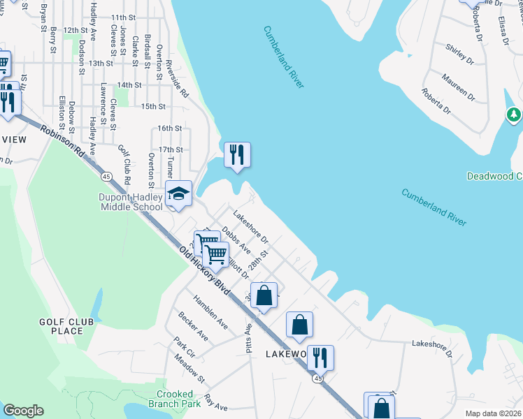 map of restaurants, bars, coffee shops, grocery stores, and more near 2401 Lakeshore Drive in Nashville