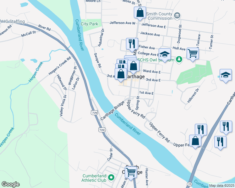 map of restaurants, bars, coffee shops, grocery stores, and more near 298 1st Ave W in Carthage