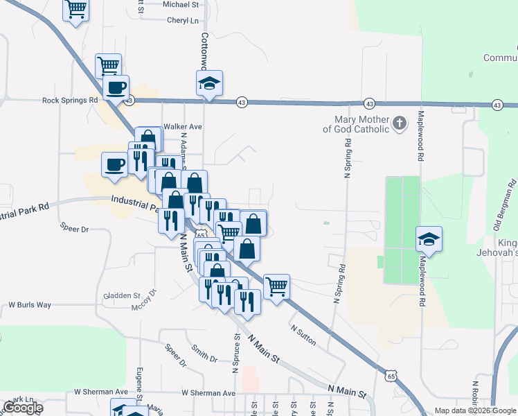 map of restaurants, bars, coffee shops, grocery stores, and more near 604 Village Inn Road in Harrison