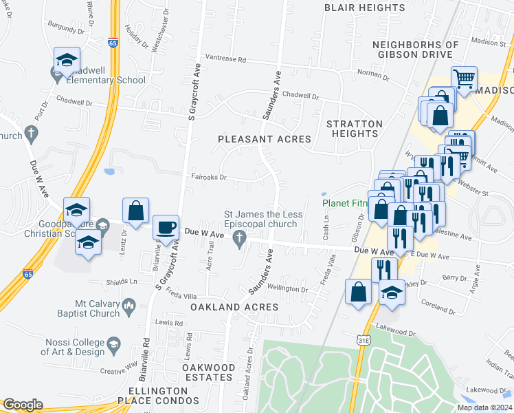 map of restaurants, bars, coffee shops, grocery stores, and more near 1118 Saunders Avenue in Nashville