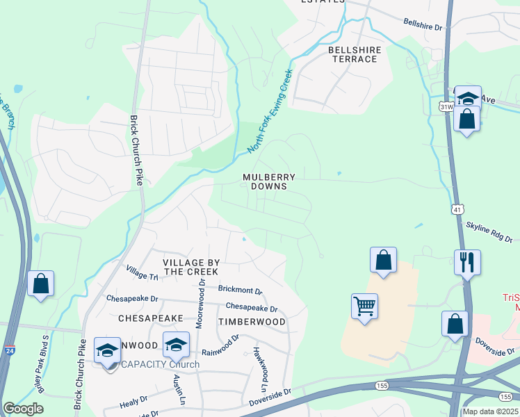 map of restaurants, bars, coffee shops, grocery stores, and more near 1600 Mulberry Downs Circle in Nashville