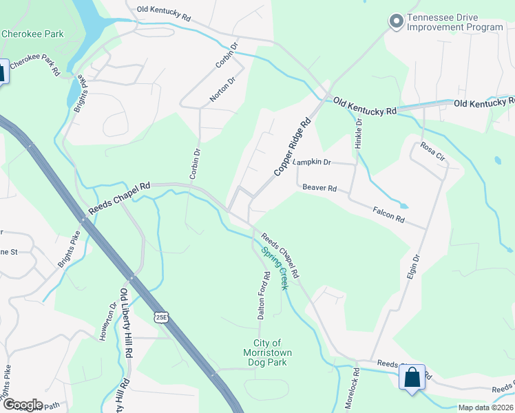 map of restaurants, bars, coffee shops, grocery stores, and more near 3208 Copper Ridge Road in Morristown